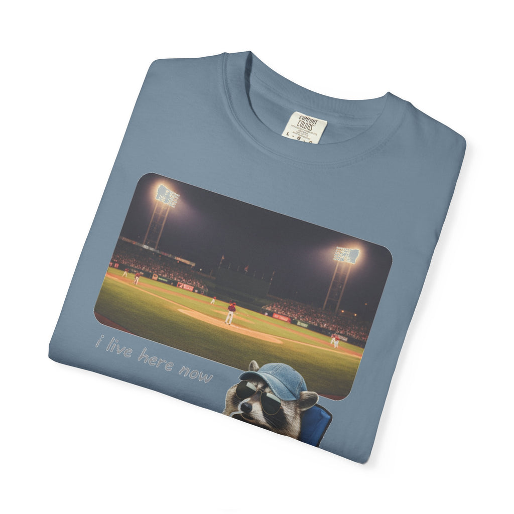 I Live Here Now Ballpark Raccoon Shirt, Funny Baseball Parent Tee, Camp Chair Raccoon Shirt, Sports Mom Gift