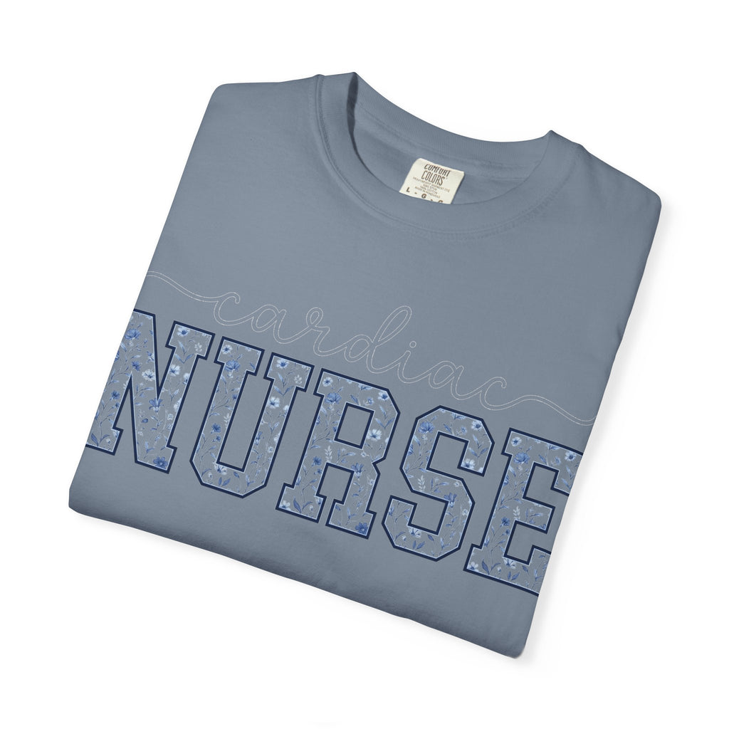 Cardiac Nurse Shirt, Blue Floral Varsity Nurse Tee, Cardiology RN Shirt, Cardiac Nurse Gift