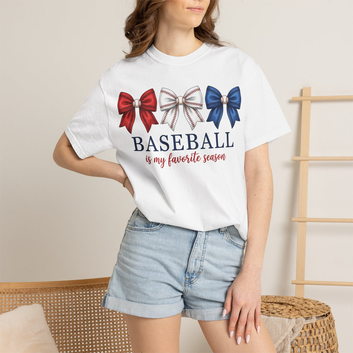 Baseball Is My Favorite Season Tee, Small Bow Trio Baseball Shirt, Coquette Sports Mom Shirt, Game Day Gift