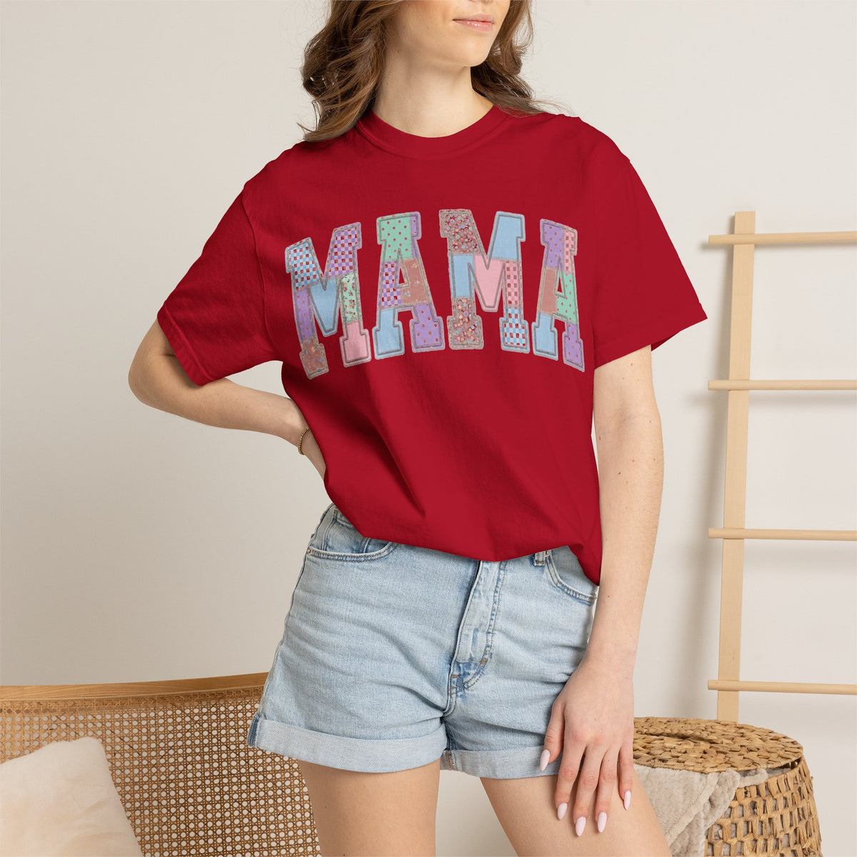 Mama Patchwork Shirt, Pastel Faux Applique Varsity Tee, Shabby Chic Mom Shirt, Mothers Day Gift