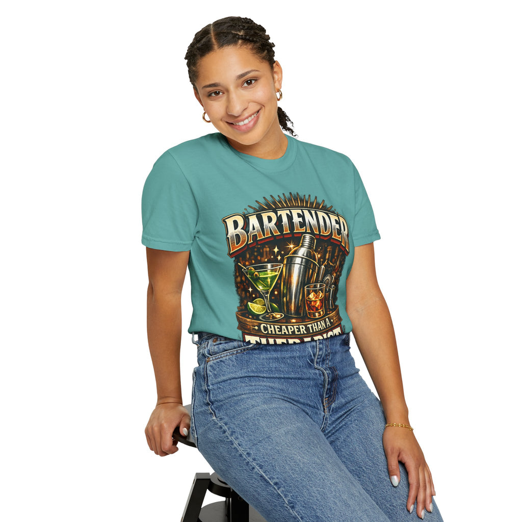 Bartender T-Shirt — "Bartender: Cheaper Than a Therapist" Vintage Bar Graphic Tee