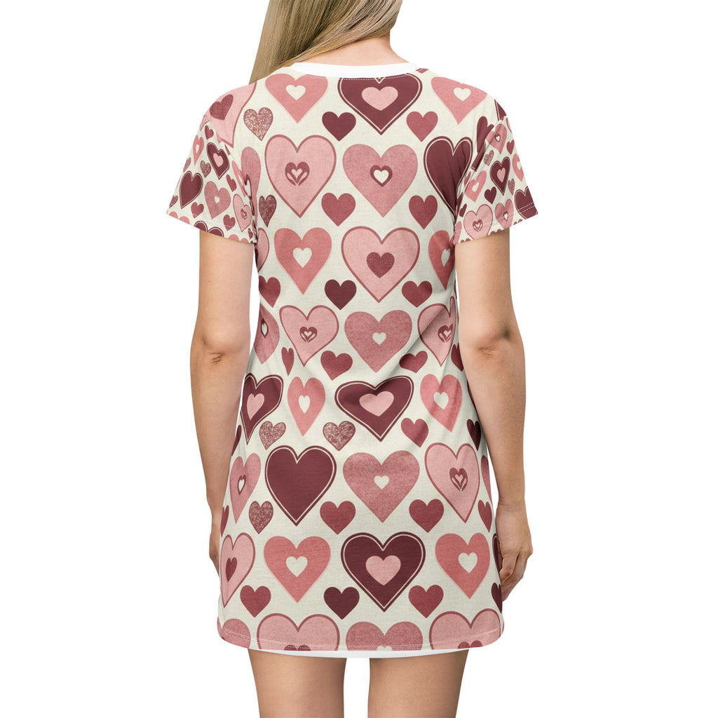 Pink Heart Pattern T‑Shirt Dress — Valentine’s Day All‑Over Print
