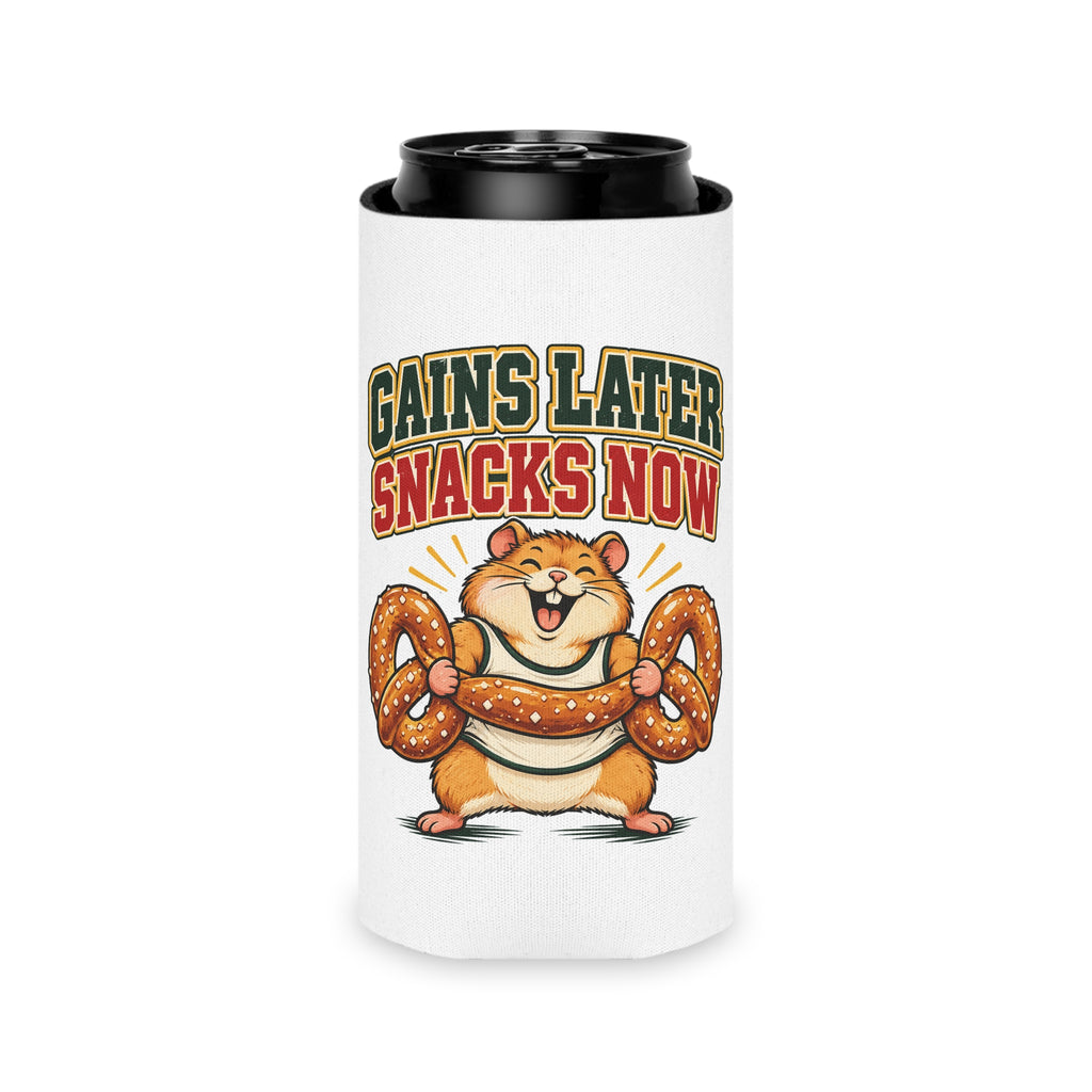 Gains Later Snacks Now Can Cooler, Funny Beer Can Sleeve, Gym Gift Stocking Stuffer