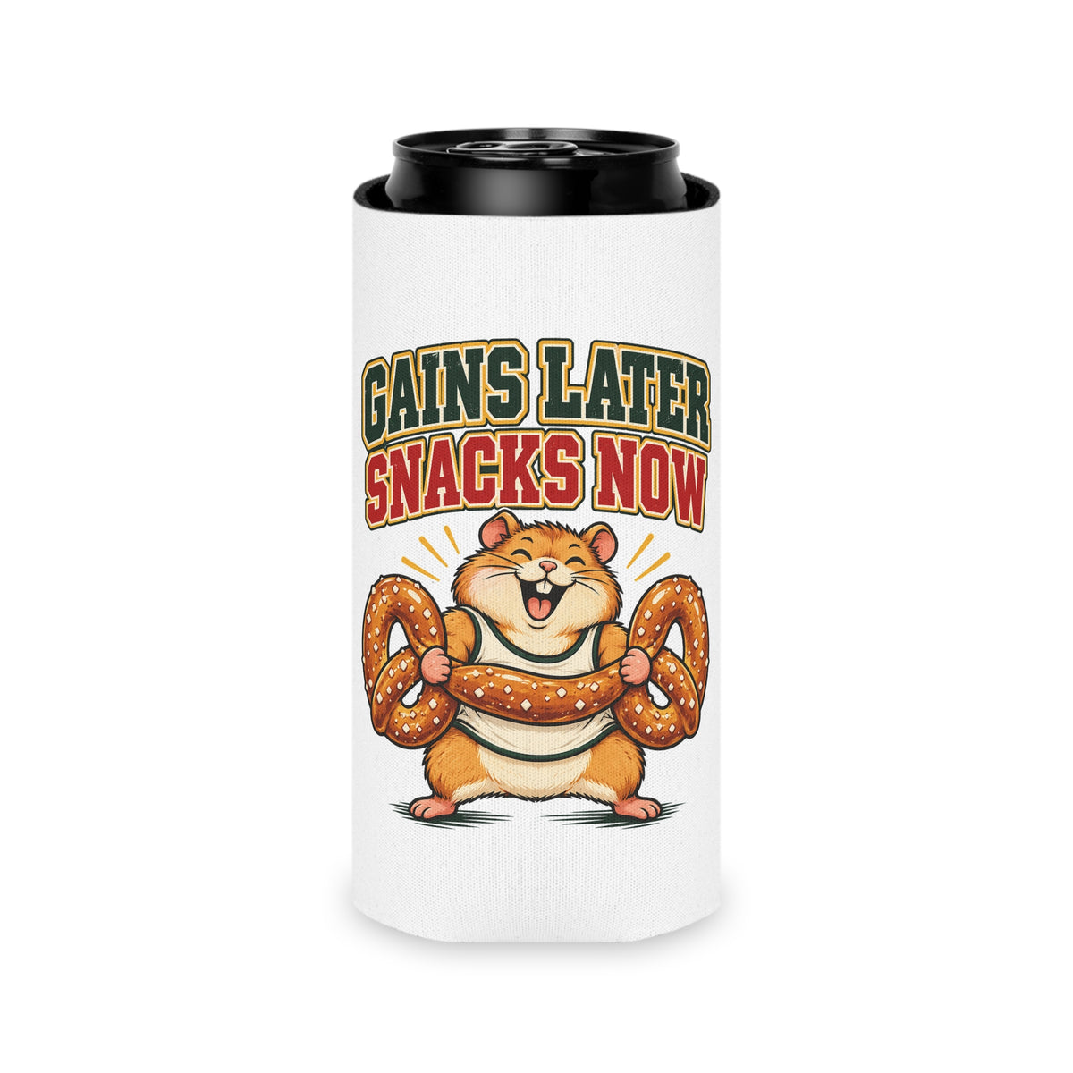 Gains Later Snacks Now Can Cooler, Funny Beer Can Sleeve, Gym Gift Stocking Stuffer