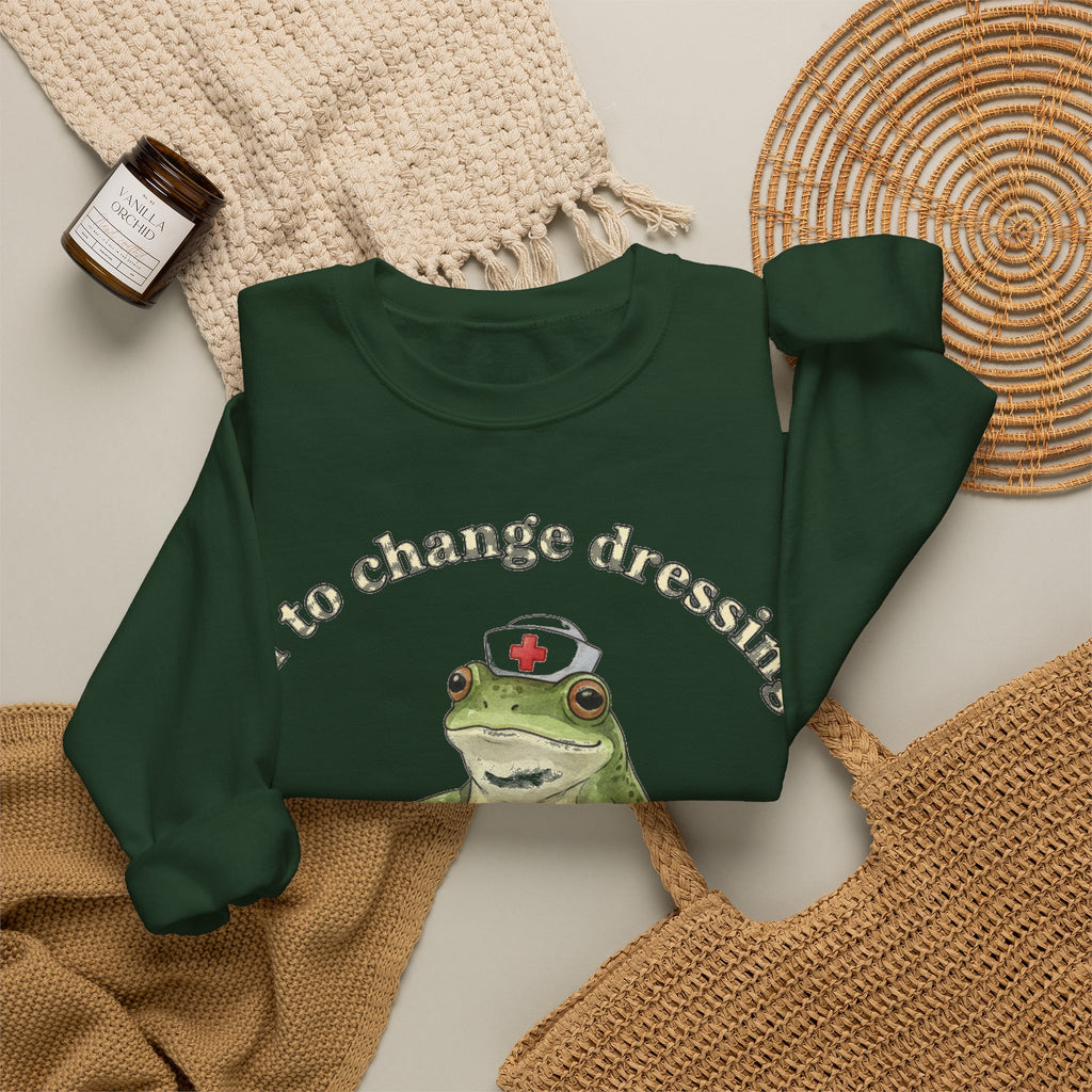 Off To Change Dressings Frog Nurse Sweatshirt, Wound Care Nurse Sweatshirt, Funny Frog Scooter Nurse Gift, Vintage RN Humor Sweatshirt, Scru
