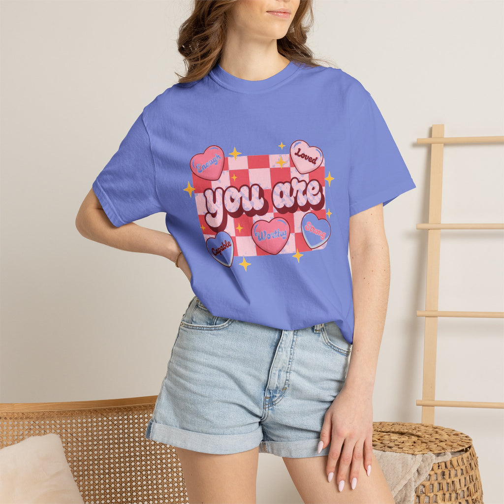 You Are Enough Pink Check Shirt, Affirmation Conversation Heart Tee, Valentines Shirt, Self Love Gift