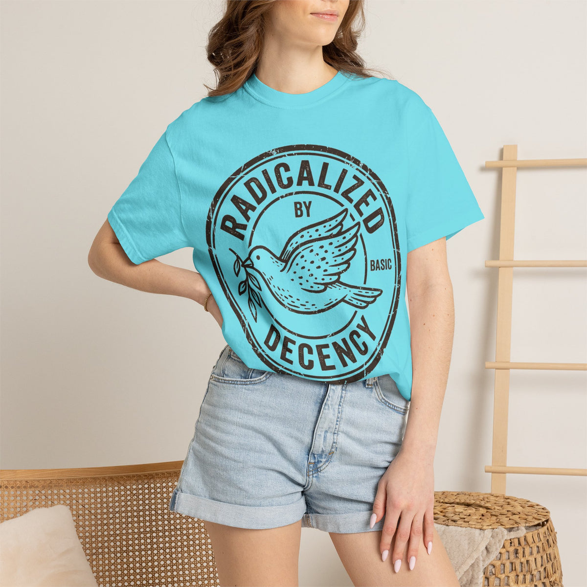 Radicalized By Basic Decency Brown Stamp Shirt, Flying Dove Badge Tee, Kindness Activist Shirt, Ally Gift