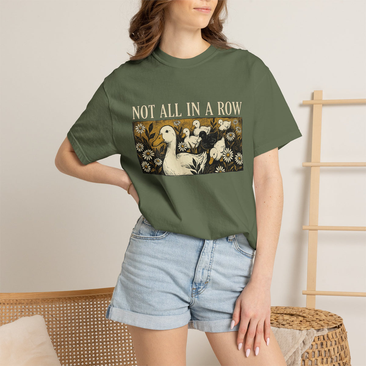 Not All In A Row Shirt, Woodcut Duck And Daisies Tee, Vintage Block Print Shirt, Funny Duck Gift