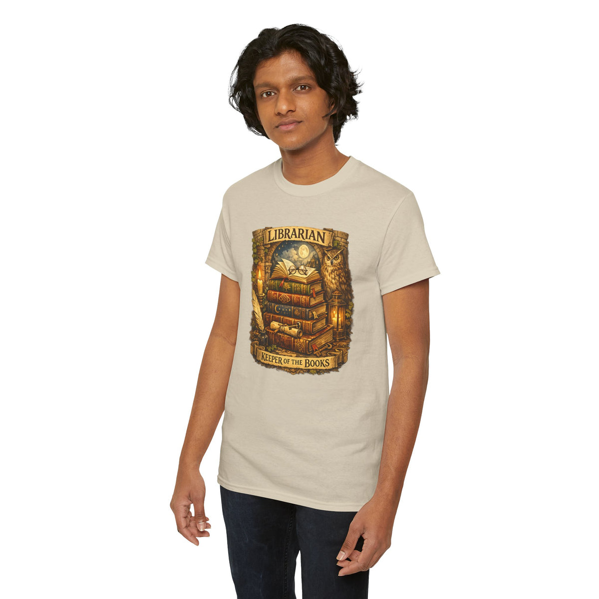 Librarian 'Keeper of the Books' T-Shirt — Vintage Bookstack & Owl Graphic