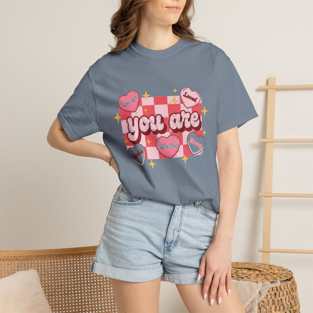 You Are Enough Pink Check Shirt, Affirmation Conversation Heart Tee, Valentines Shirt, Self Love Gift