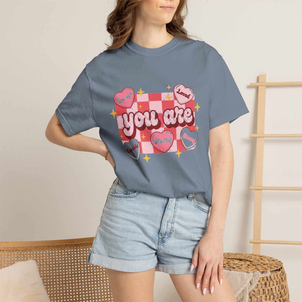 You Are Enough Pink Check Shirt, Affirmation Conversation Heart Tee, Valentines Shirt, Self Love Gift