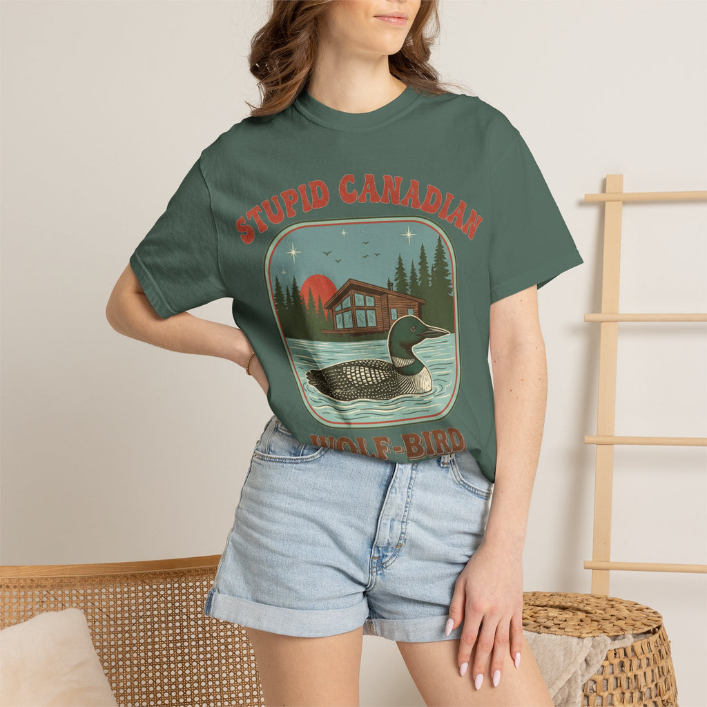 Stupid Canadian Wolf-Bird Arched Shirt, Retro Loon Sunset Badge Tee, Funny Lake Shirt, Cabin Gift