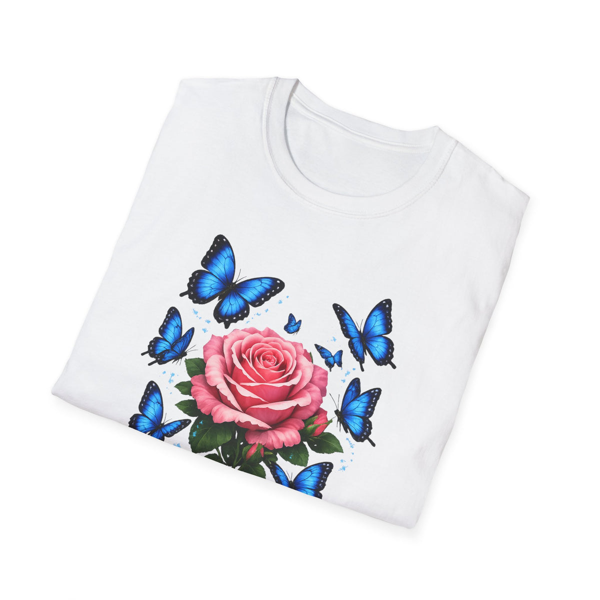 Rose and Blue Butterflies T-Shirt — Floral Garden Tee for Spring & Gifts
