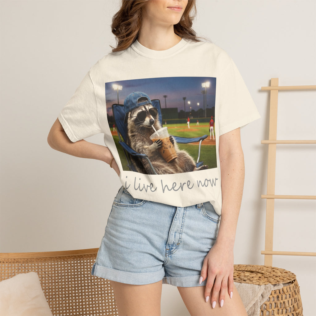 I Live Here Now Baseball Raccoon Shirt, Funny Sports Parent Tee, Iced Coffee Raccoon Shirt, Baseball Mom Gift