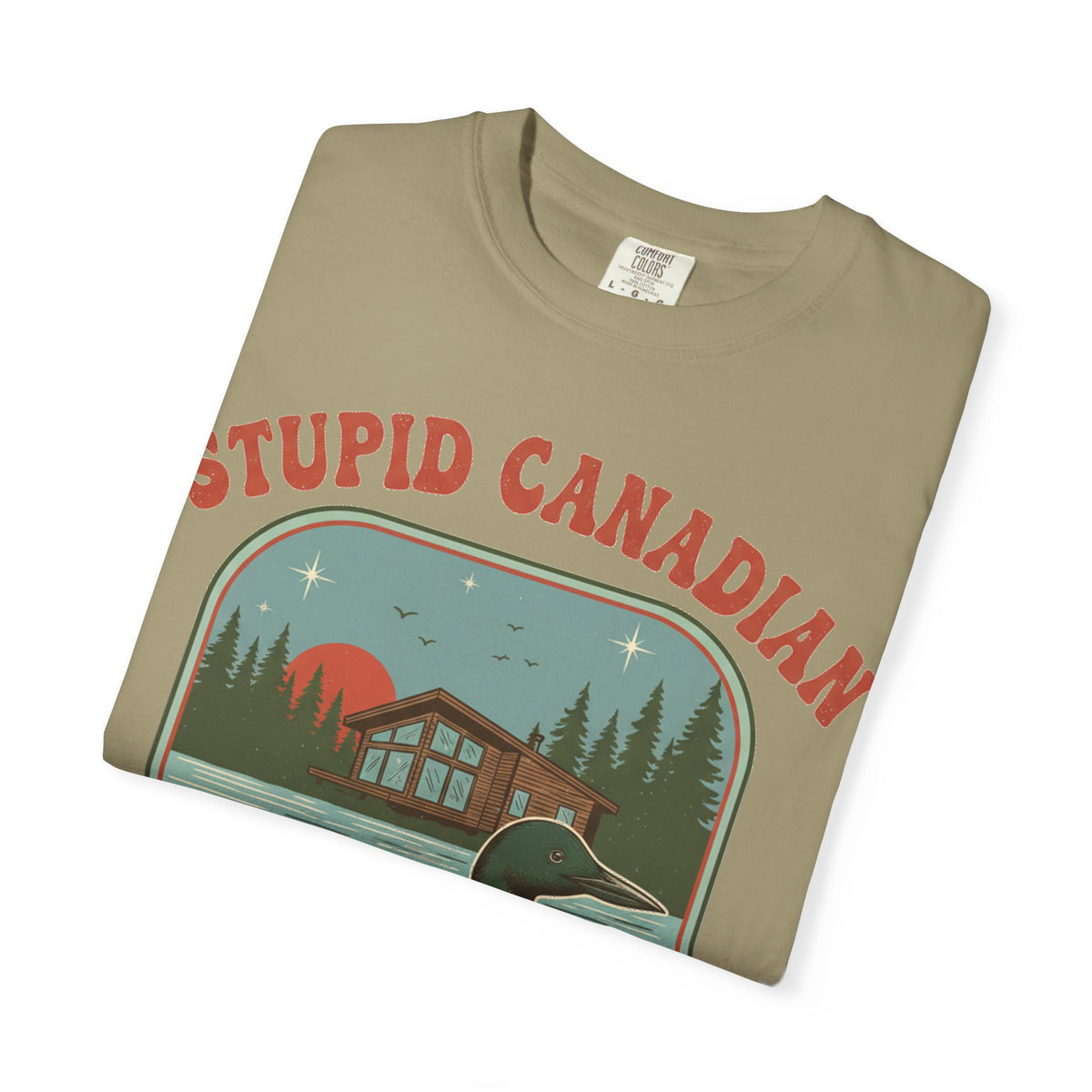 Stupid Canadian Wolf-Bird Arched Shirt, Retro Loon Sunset Badge Tee, Funny Lake Shirt, Cabin Gift