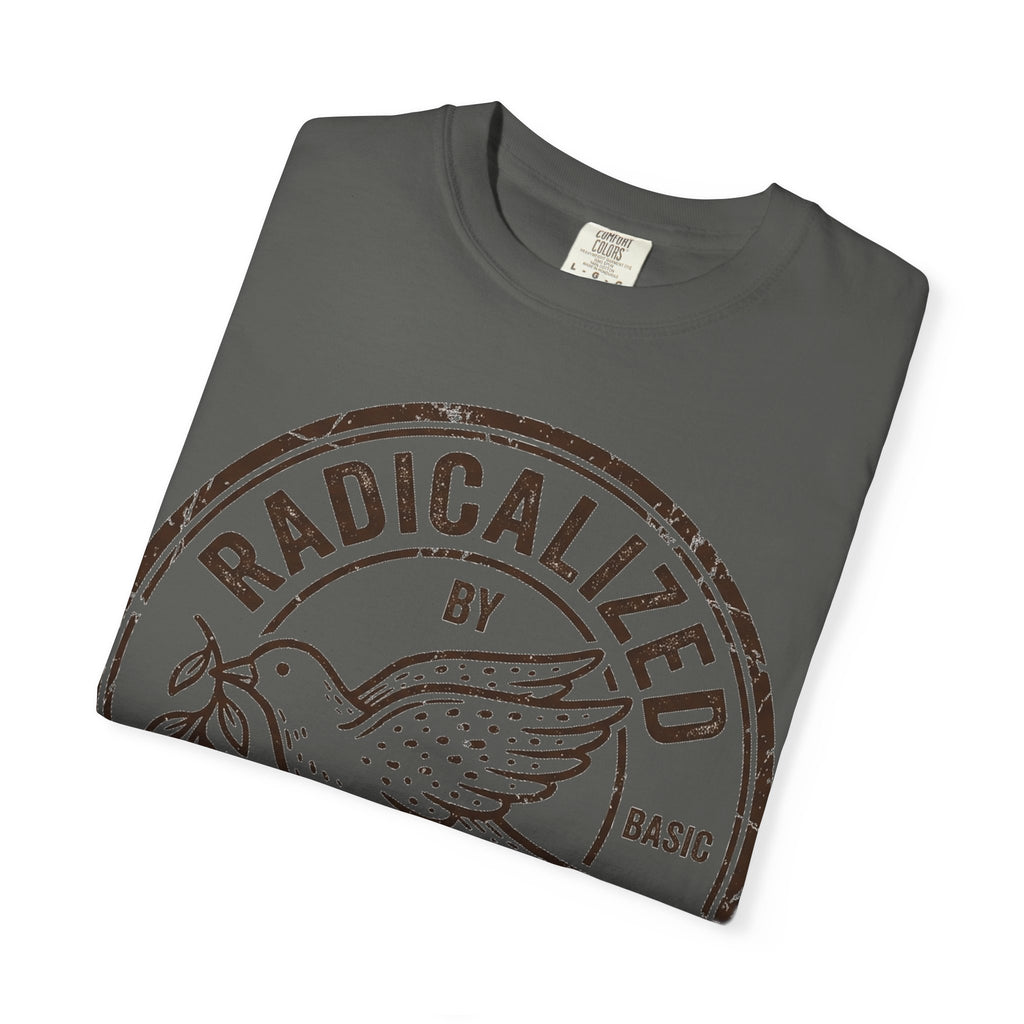 Radicalized By Basic Decency Brown Stamp Shirt, Flying Dove Badge Tee, Kindness Activist Shirt, Ally Gift