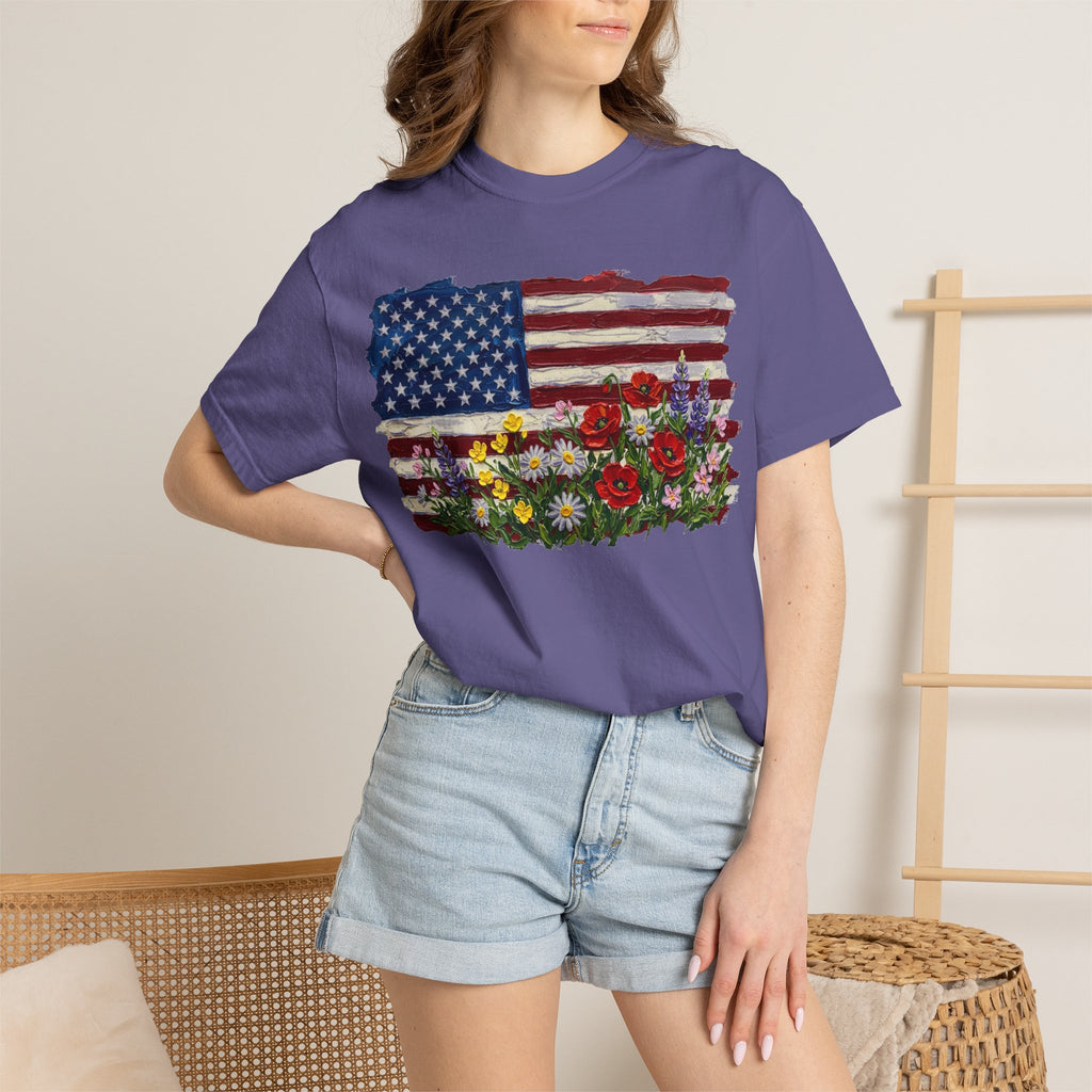 Painted Flag Wildflower Meadow Shirt, Impasto Americana Floral Tee, Patriotic Shirt, Independence Day Gift
