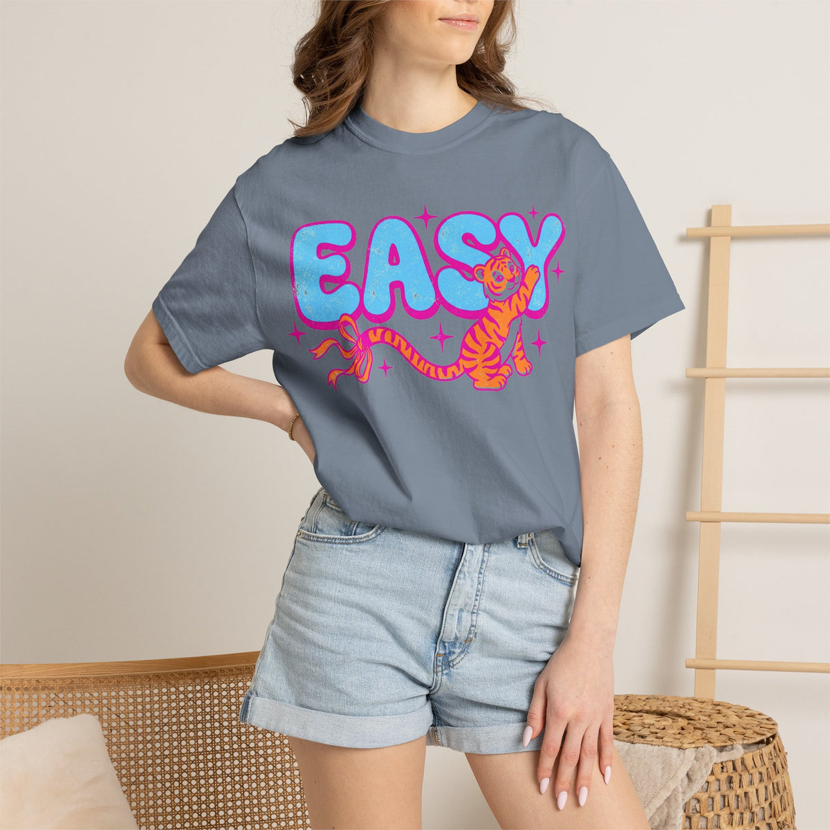 Easy Tiger Bow Shirt, Y2K Cub Bubble Type Tee, Retro Pink Blue Tiger Shirt, Trendy Gift