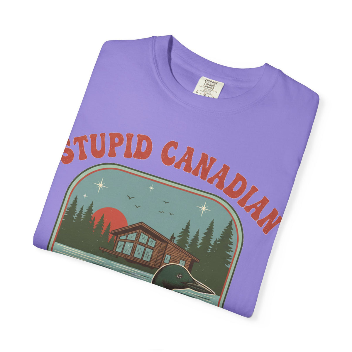 Stupid Canadian Wolf-Bird Arched Shirt, Retro Loon Sunset Badge Tee, Funny Lake Shirt, Cabin Gift