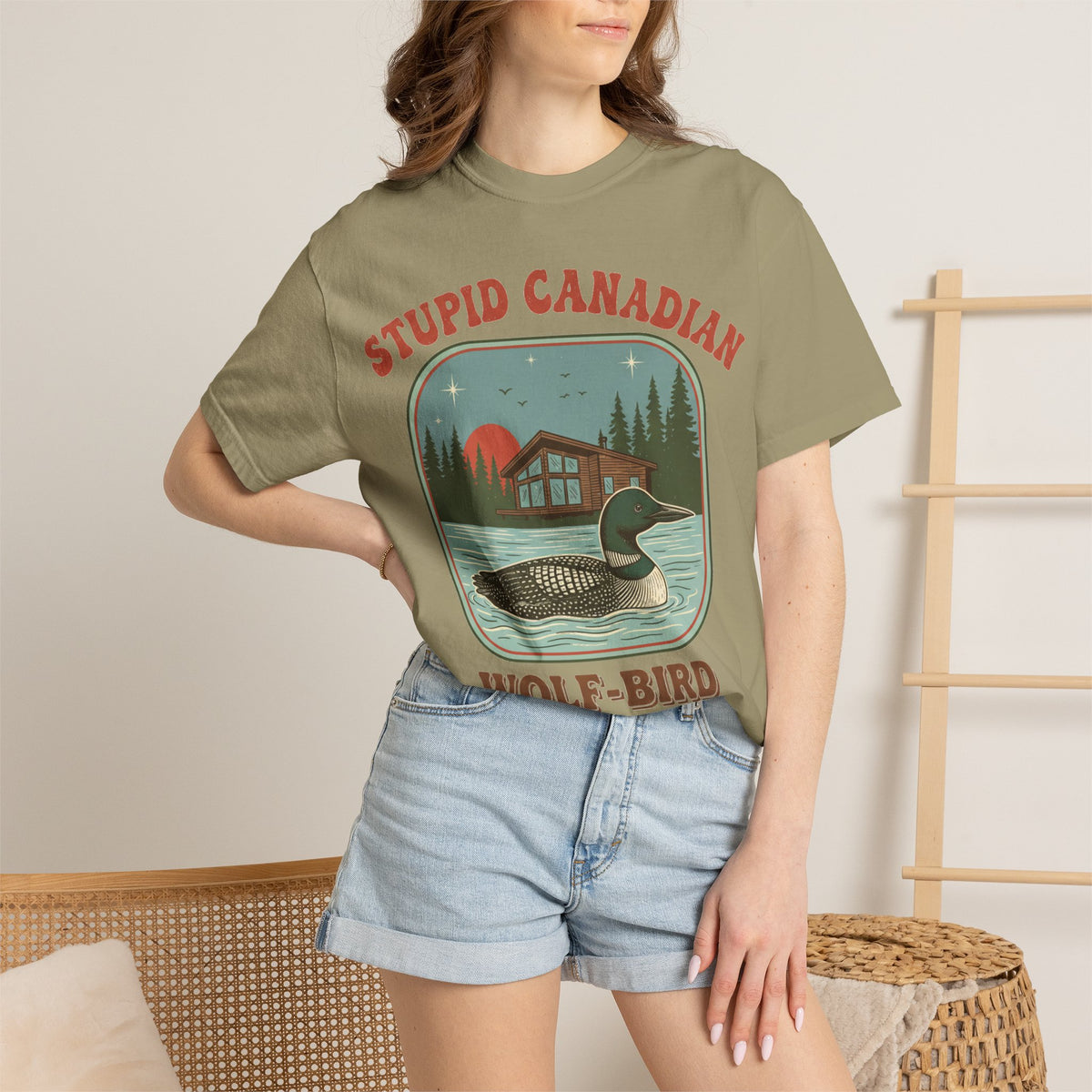 Stupid Canadian Wolf-Bird Arched Shirt, Retro Loon Sunset Badge Tee, Funny Lake Shirt, Cabin Gift