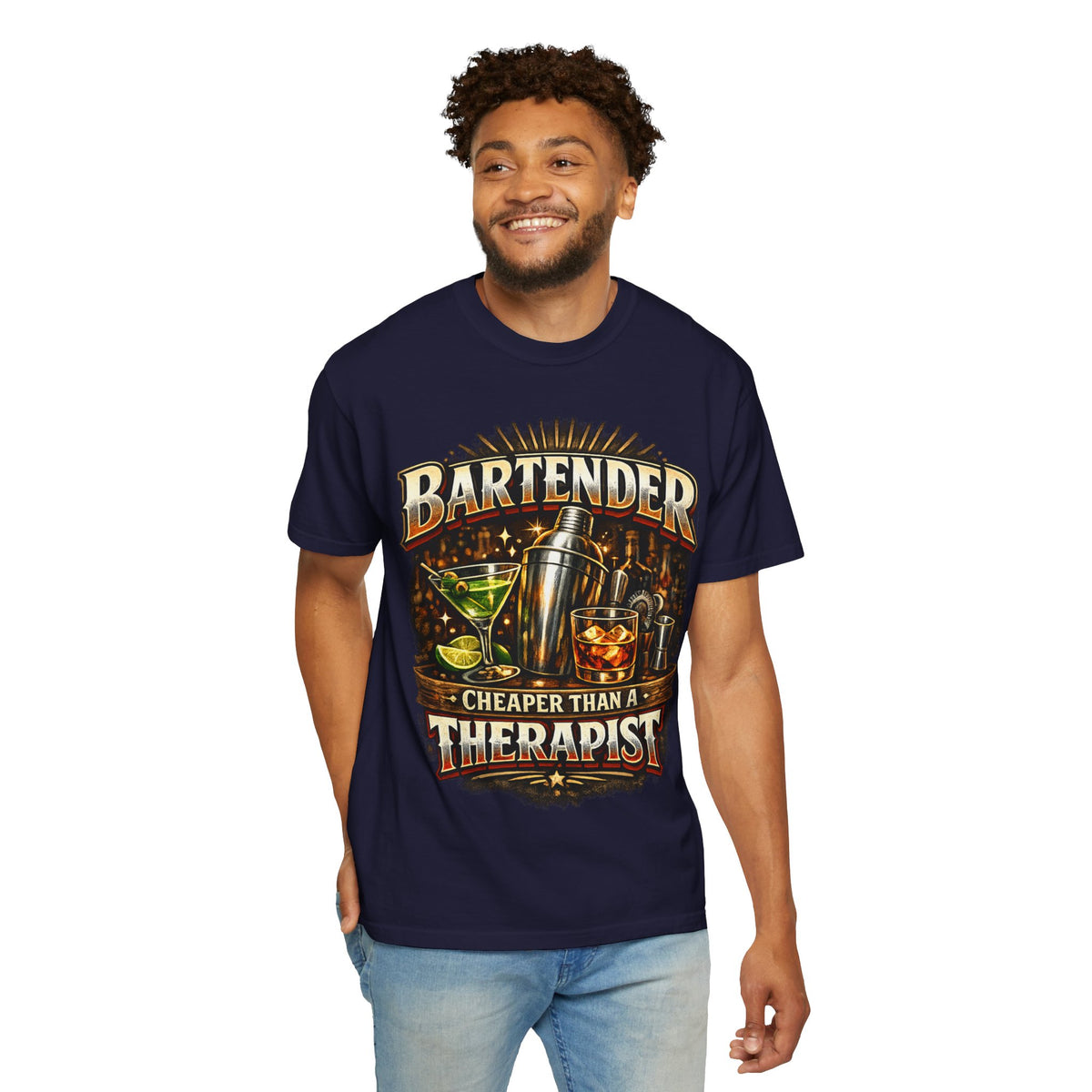 Bartender T-Shirt — "Bartender: Cheaper Than a Therapist" Vintage Bar Graphic Tee