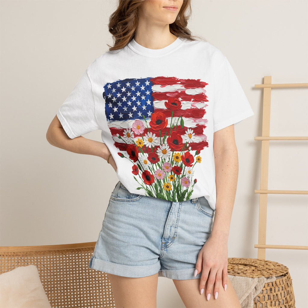 American Flag Poppy Bouquet Shirt, Impasto Patriotic Floral Tee, Memorial Day Shirt, Veterans Gift