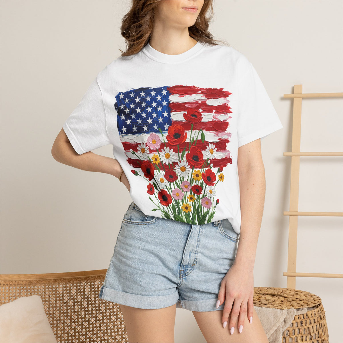American Flag Poppy Bouquet Shirt, Impasto Patriotic Floral Tee, Memorial Day Shirt, Veterans Gift