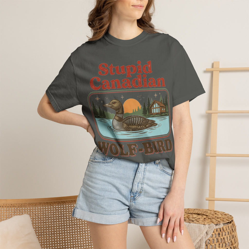 Stupid Canadian Wolf-Bird Classic Shirt, Loon Lake Scene Badge Tee, Funny Cabin Shirt, Lake Life Gift