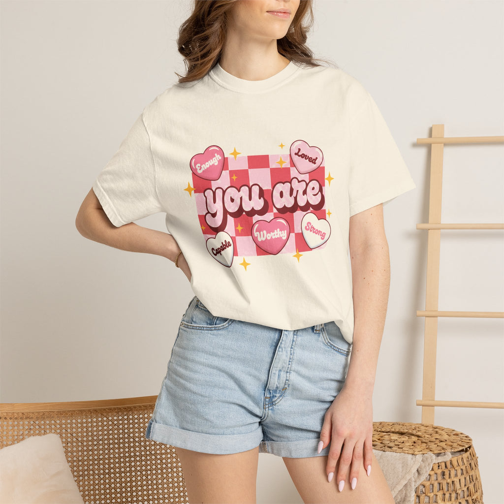 You Are Enough Pink Check Shirt, Affirmation Conversation Heart Tee, Valentines Shirt, Self Love Gift
