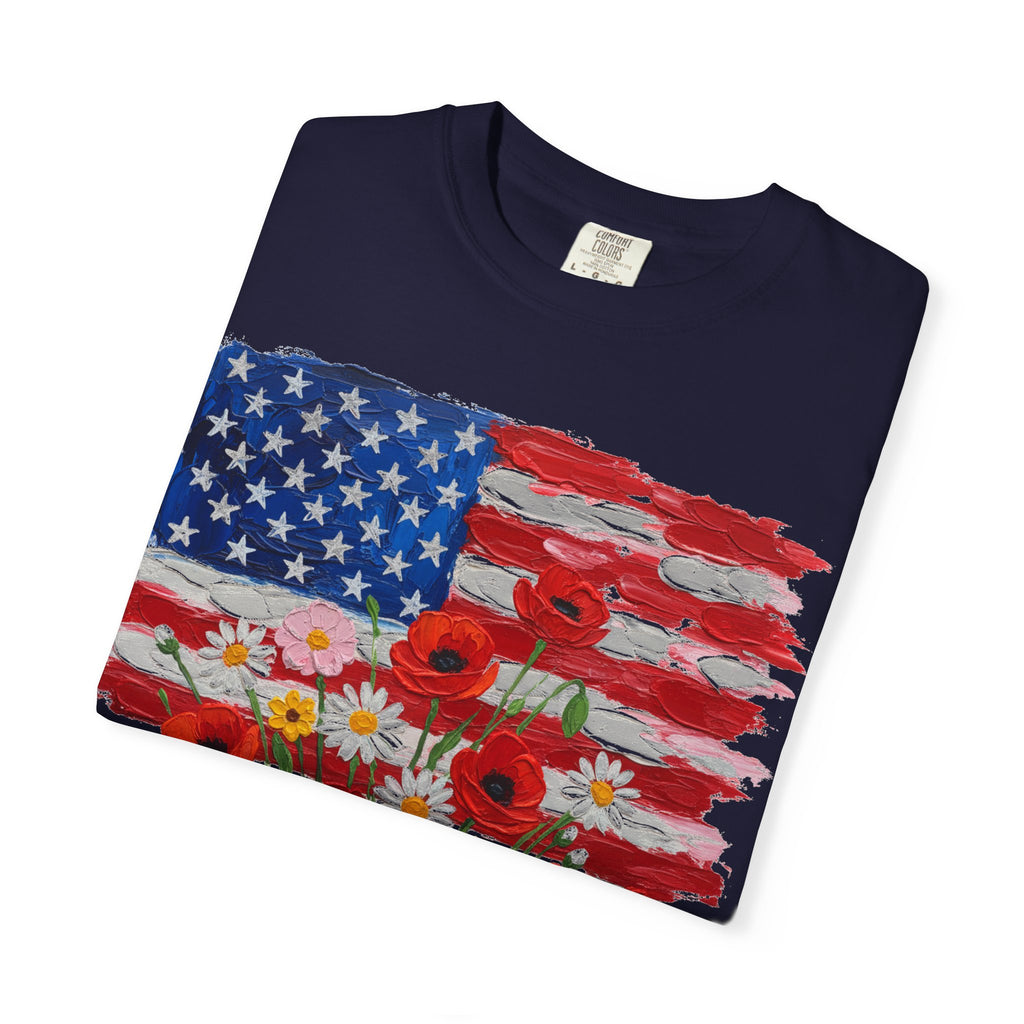 American Flag Poppy Bouquet Shirt, Impasto Patriotic Floral Tee, Memorial Day Shirt, Veterans Gift