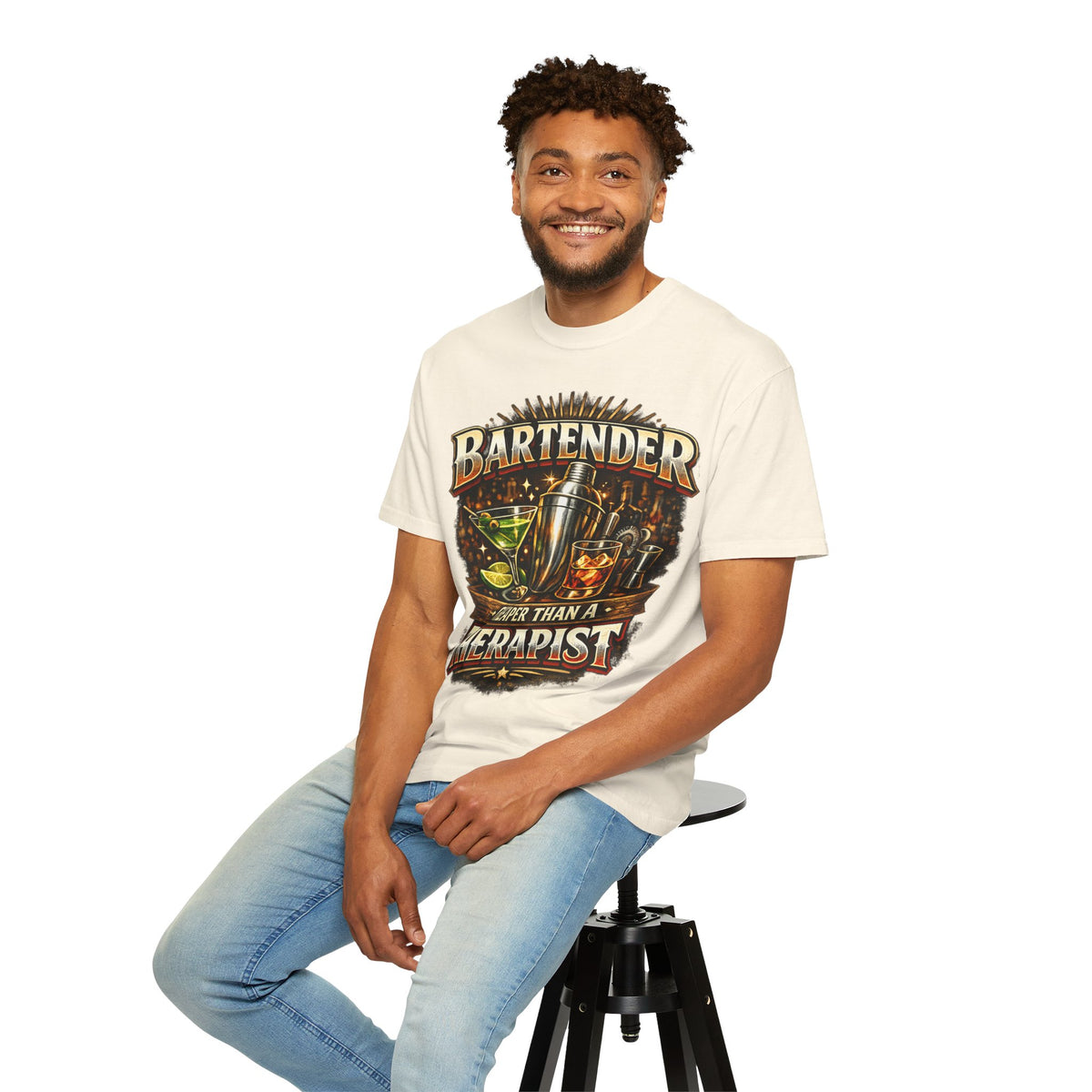 Bartender T-Shirt — "Bartender: Cheaper Than a Therapist" Vintage Bar Graphic Tee