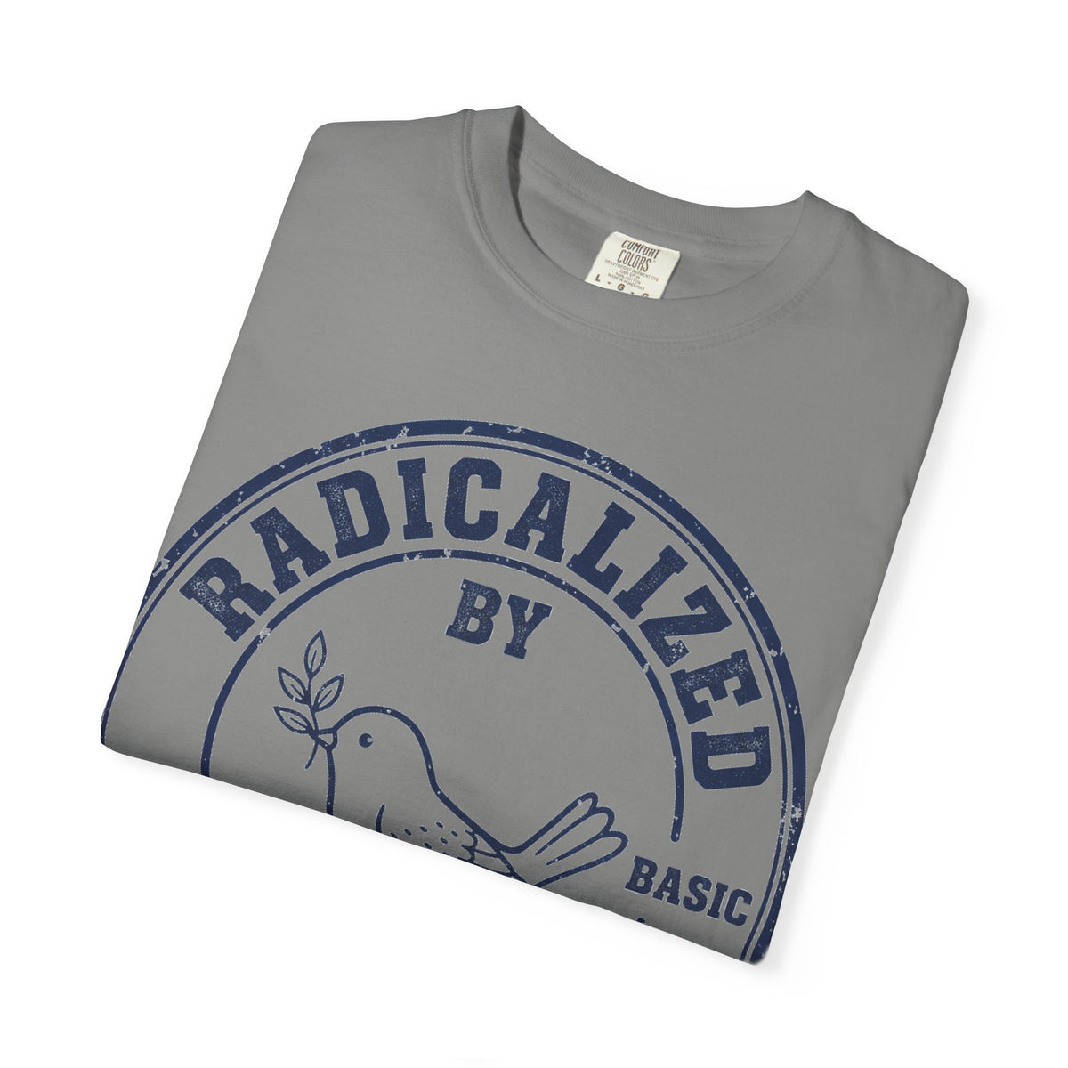 Radicalized By Basic Decency Navy Stamp Shirt, Line Art Dove Badge Tee, Kindness Protest Shirt, Activist Gift