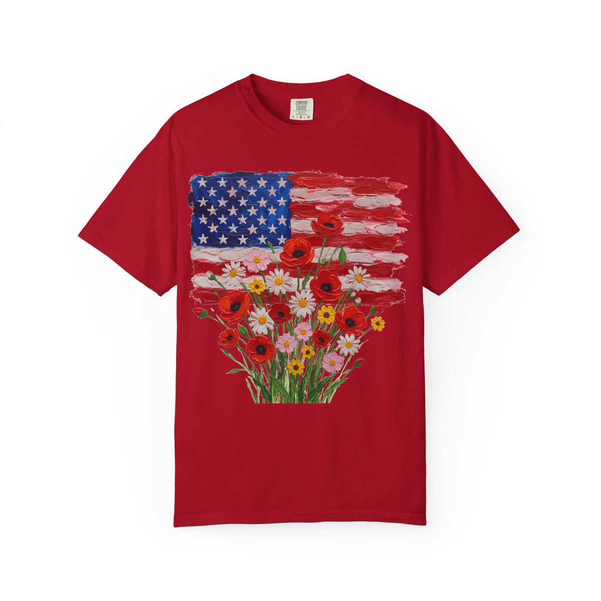 American Flag Poppy Bouquet Shirt, Impasto Patriotic Floral Tee, Memorial Day Shirt, Veterans Gift