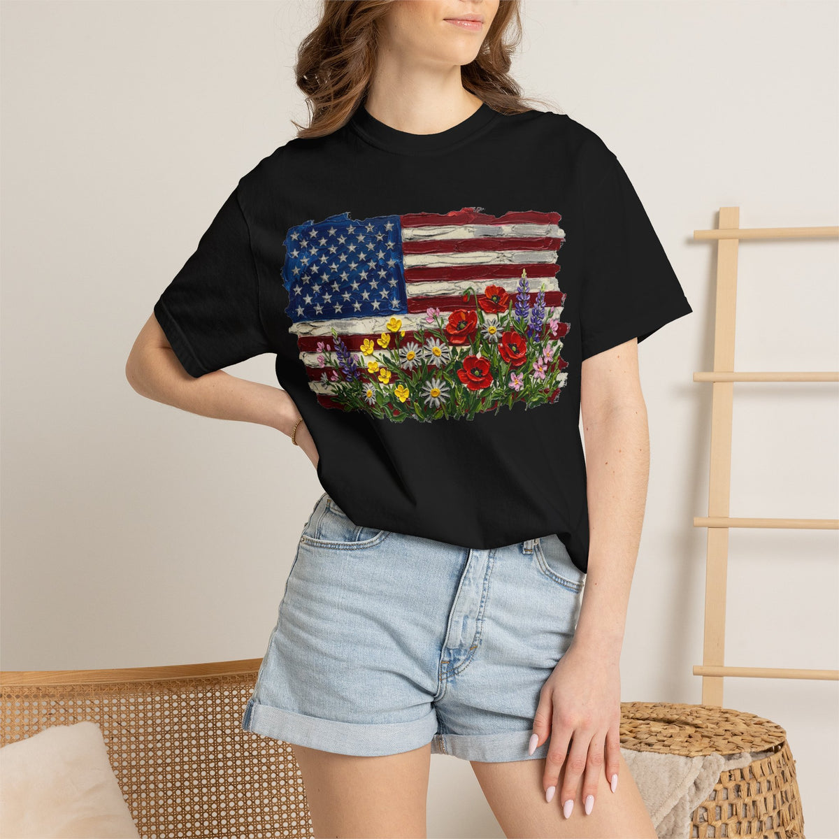 Painted Flag Wildflower Meadow Shirt, Impasto Americana Floral Tee, Patriotic Shirt, Independence Day Gift