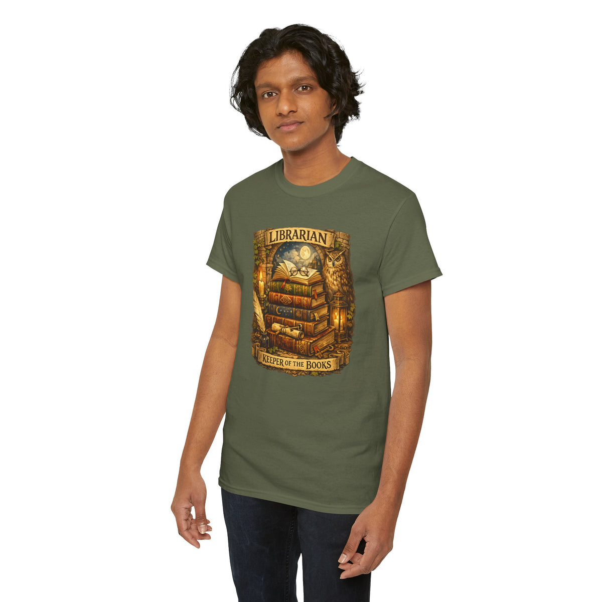 Librarian 'Keeper of the Books' T-Shirt — Vintage Bookstack & Owl Graphic