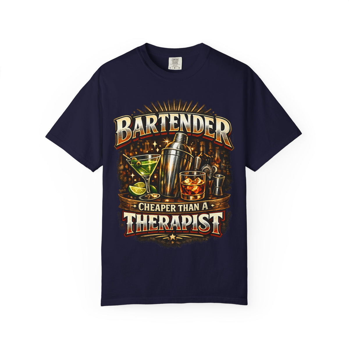 Bartender T-Shirt — "Bartender: Cheaper Than a Therapist" Vintage Bar Graphic Tee