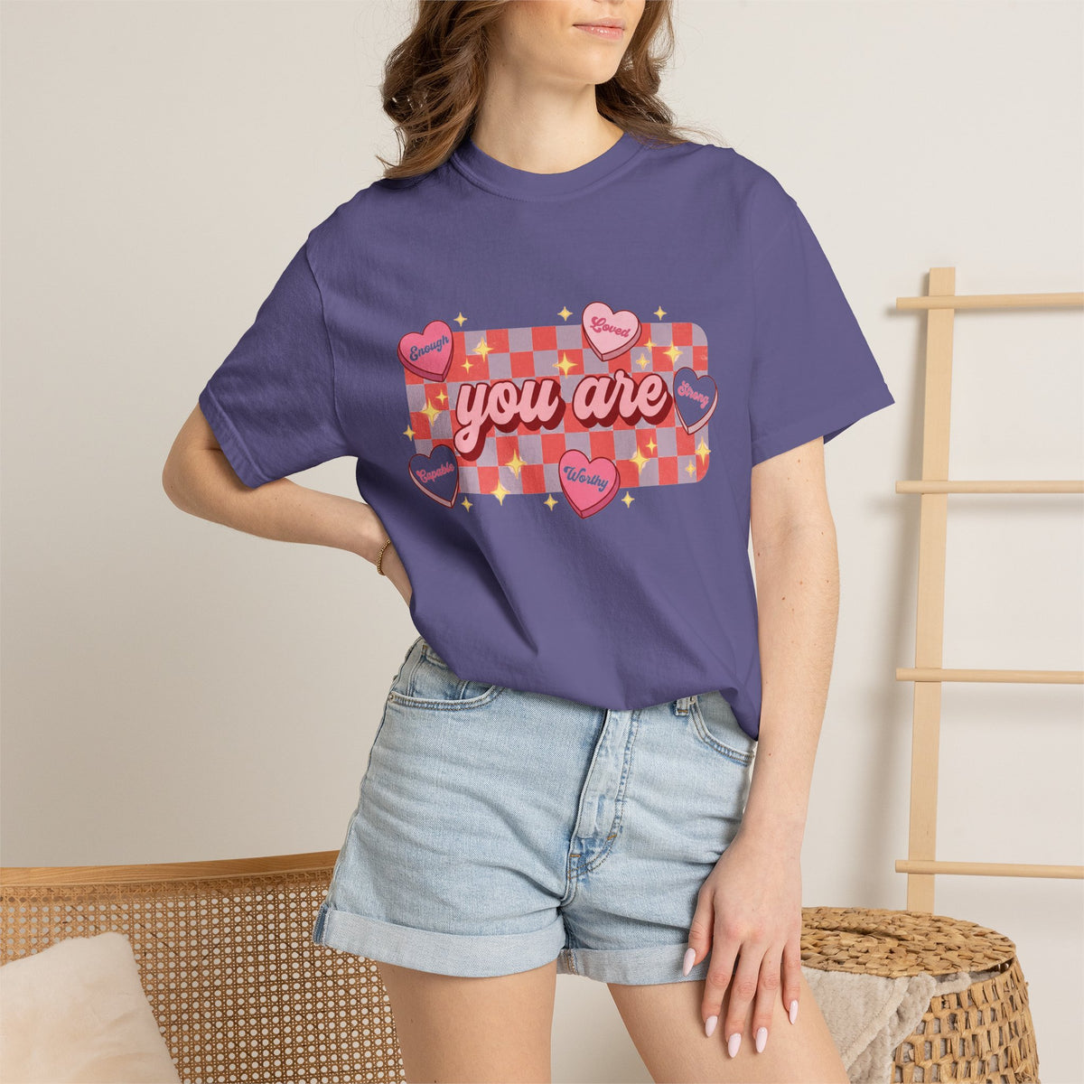 You Are Enough Loved Worthy Shirt, Conversation Heart Checkerboard Tee, Affirmation Valentine Shirt, Gift For Her