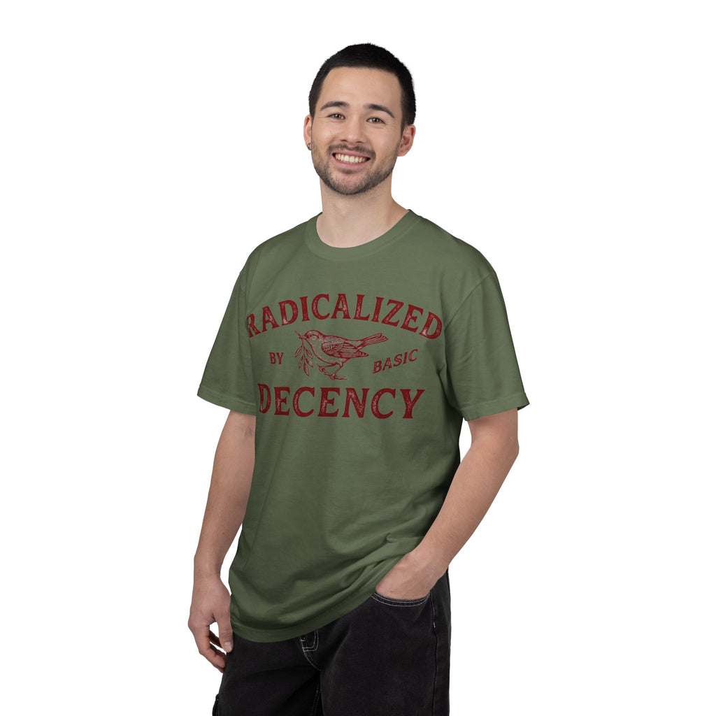 Radicalized By Basic Decency Bold Shirt, Engraved Bird Typography Tee, Kindness Statement Shirt, Protest Gift