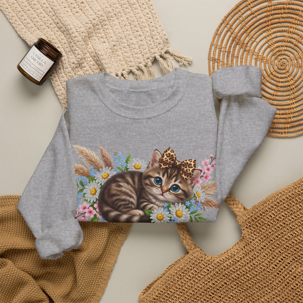 Cute Kitten Sweatshirt, Leopard Bow Floral Cat Sweatshirt, Coquette Cat Lover Gift, Tabby Kitten Pampas Flowers Sweatshirt, Cat Mom Boho Swe