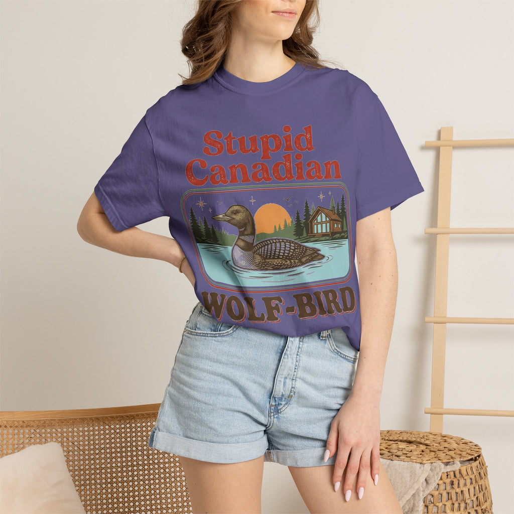 Stupid Canadian Wolf-Bird Classic Shirt, Loon Lake Scene Badge Tee, Funny Cabin Shirt, Lake Life Gift