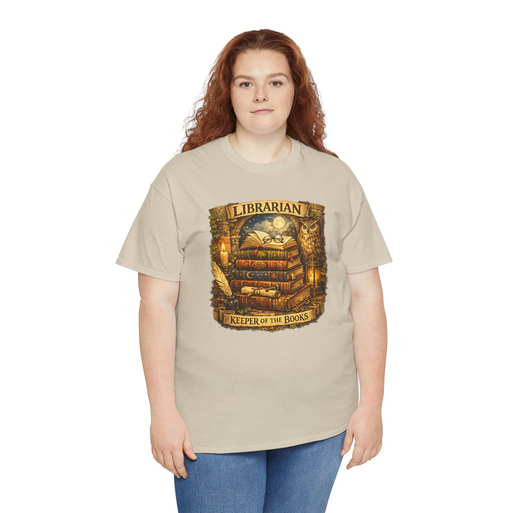 Librarian 'Keeper of the Books' T-Shirt — Vintage Bookstack & Owl Graphic