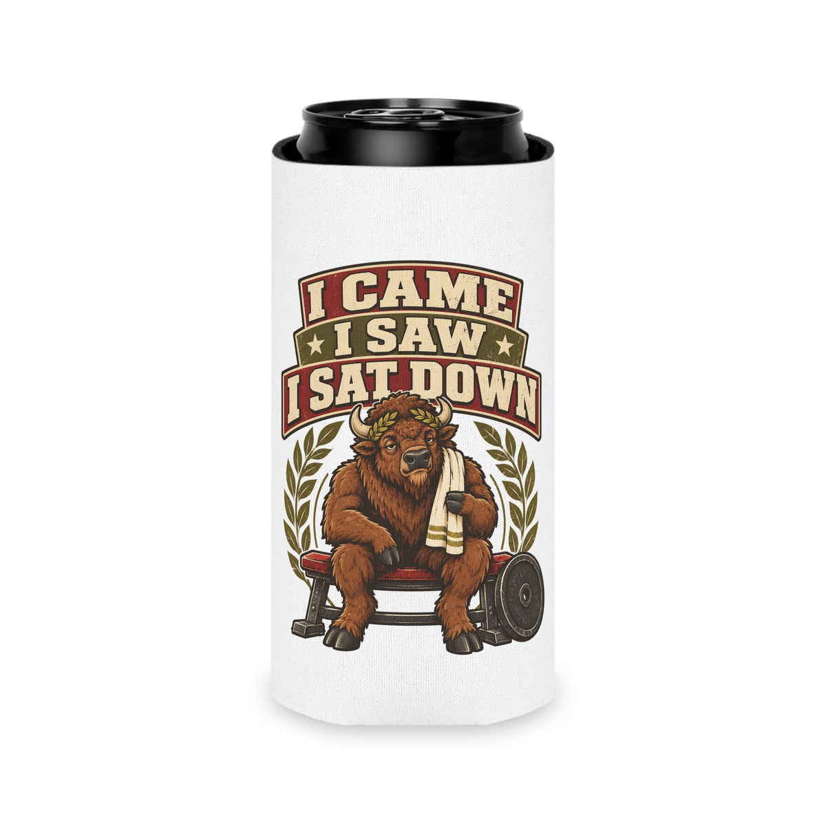 I Came I Saw I Sat Down Bison Can Cooler, Funny Beer Can Sleeve, Gym Gift Stocking Stuffer