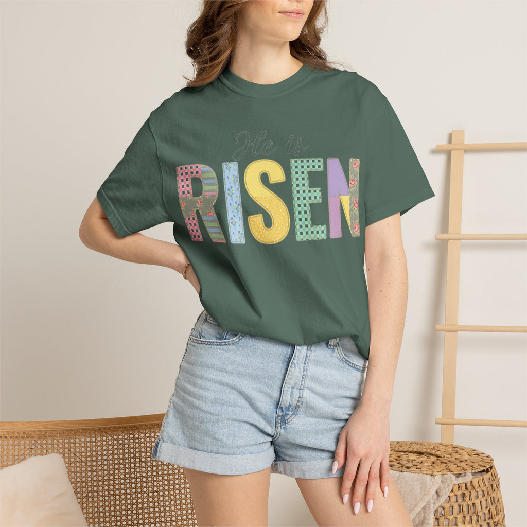 He Is Risen Patchwork Shirt, Faux Applique Easter Tee, Gingham Floral Christian Shirt, Easter Gift