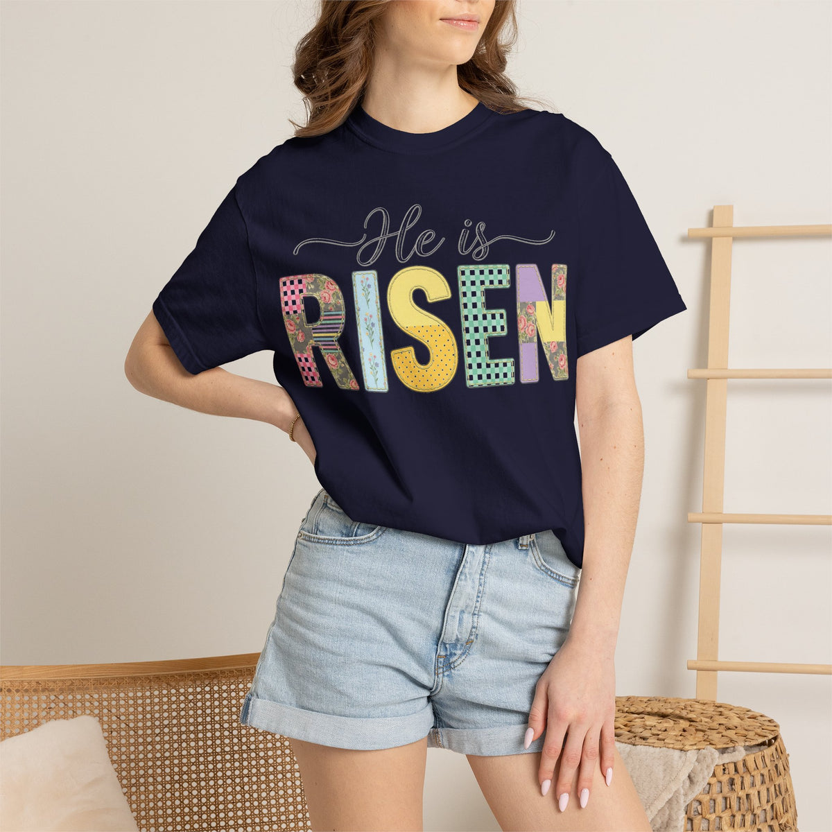 He Is Risen Floral Applique Shirt, Rose Gingham Easter Tee, Christian Patchwork Shirt, Easter Gift