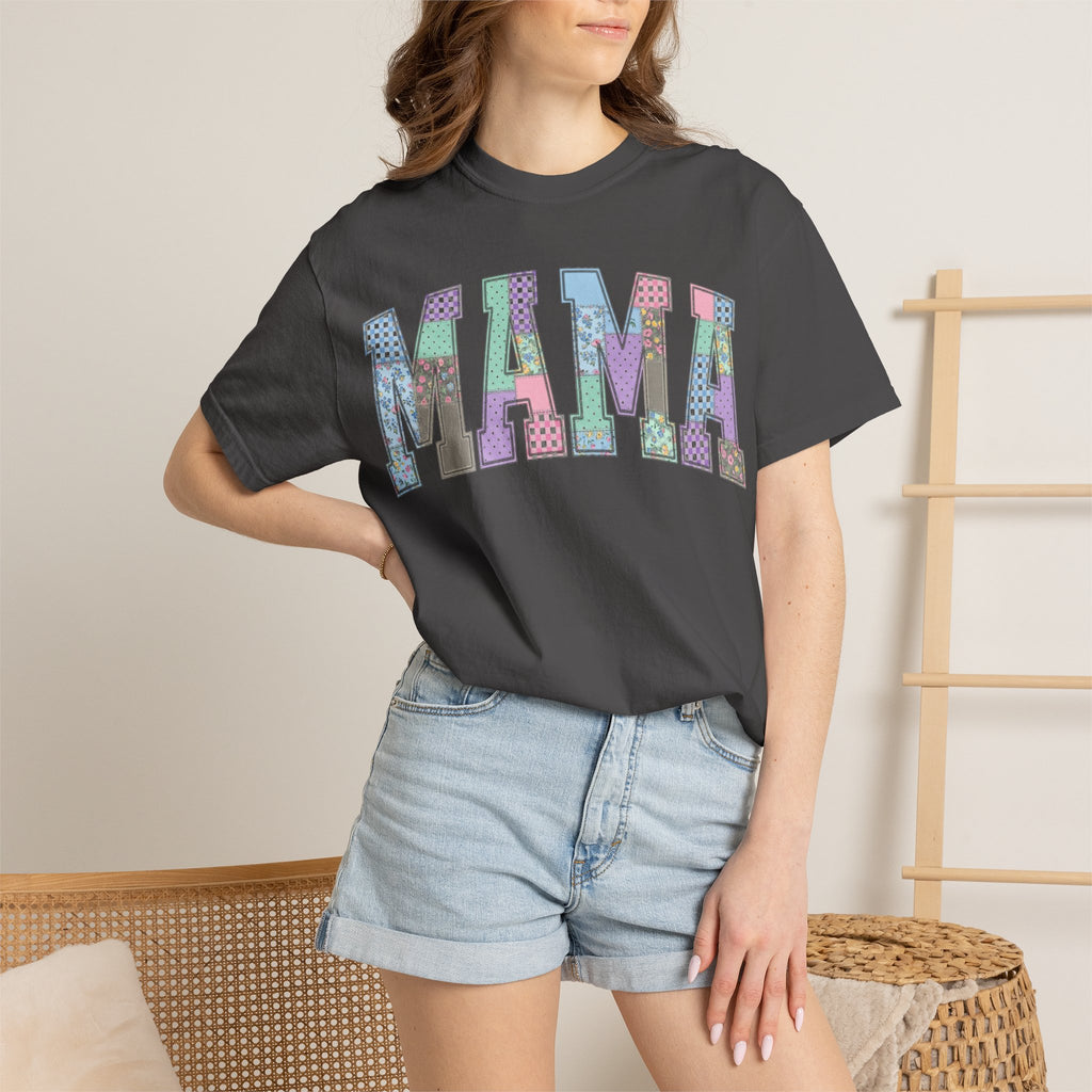 Mama Arched Patchwork Shirt, Pastel Quilt Letter Tee, Cottagecore Mom Shirt, Mothers Day Gift