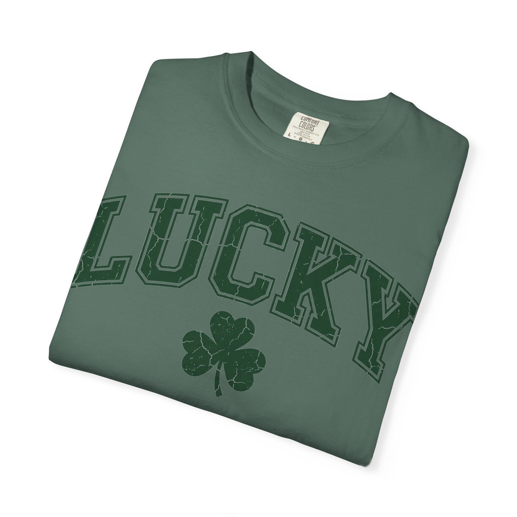Lucky Shamrock Varsity Shirt, Distressed Green Clover Tee, St Patricks Day Collegiate Shirt, Irish Gift