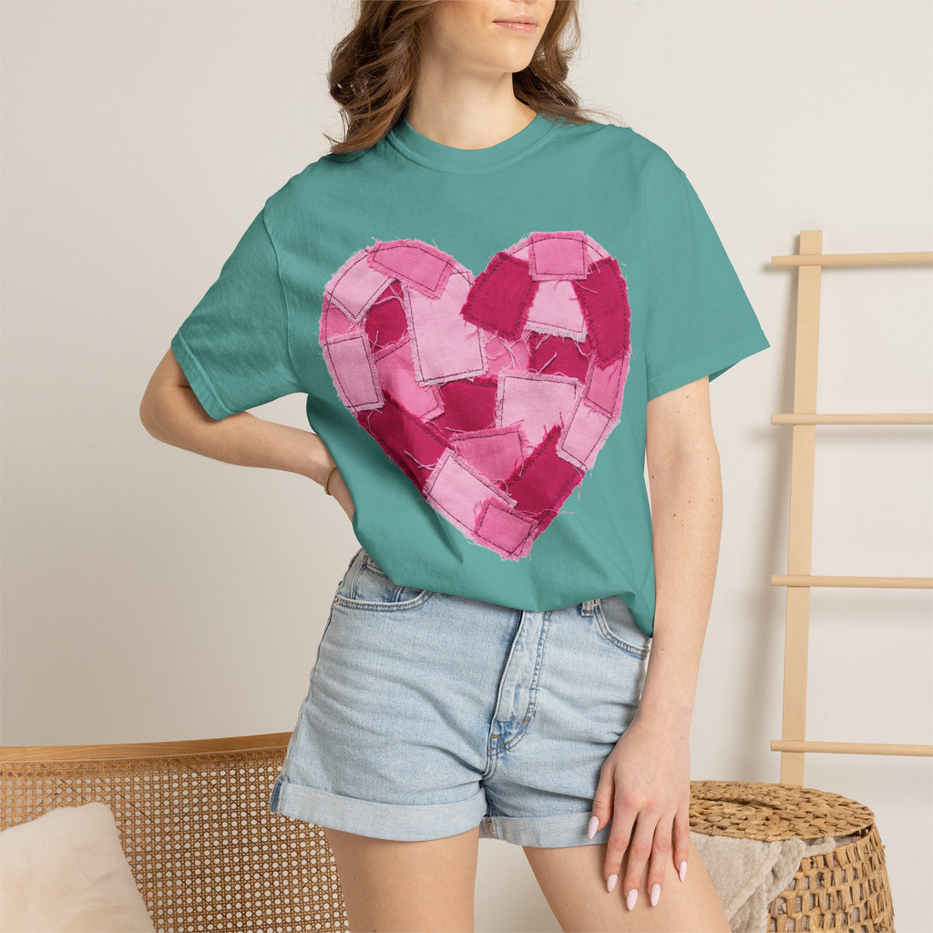 Patchwork Heart Shirt, Frayed Pink Quilt Heart Tee, Shabby Chic Valentine Shirt, Cozy Gift