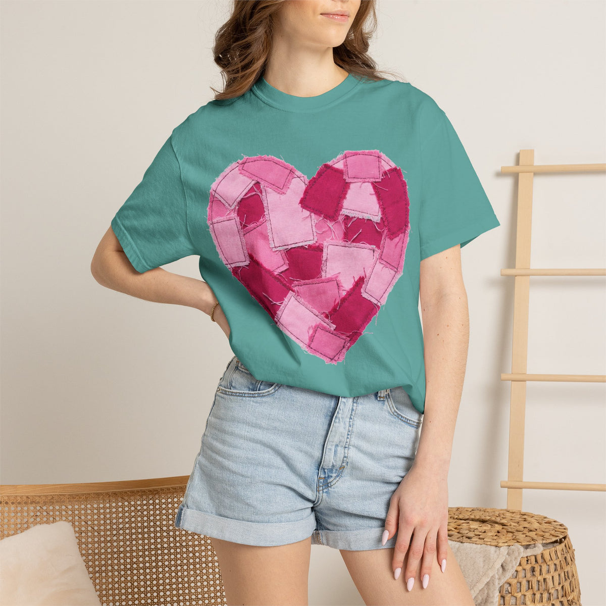 Patchwork Heart Shirt, Frayed Pink Quilt Heart Tee, Shabby Chic Valentine Shirt, Cozy Gift