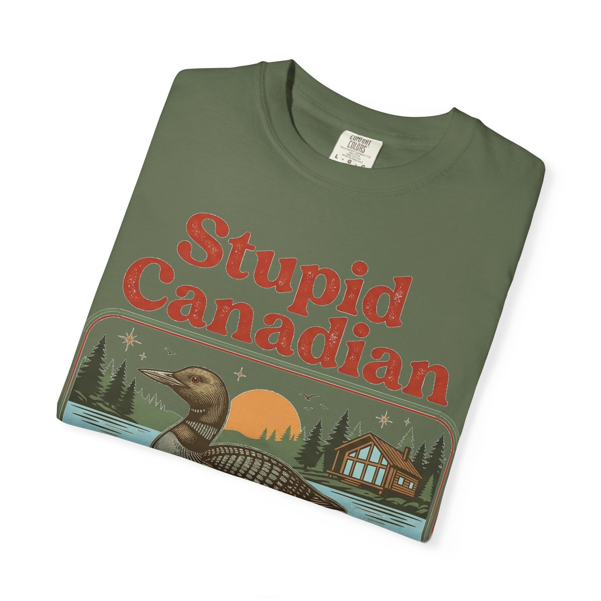 Stupid Canadian Wolf-Bird Classic Shirt, Loon Lake Scene Badge Tee, Funny Cabin Shirt, Lake Life Gift