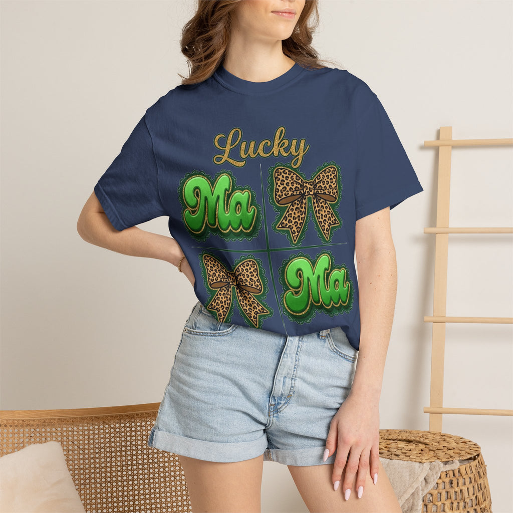 Lucky Mama Shirt, St Patricks Day Leopard Bow Tee, Green Glitter Mama Shirt, Irish Mom Gift